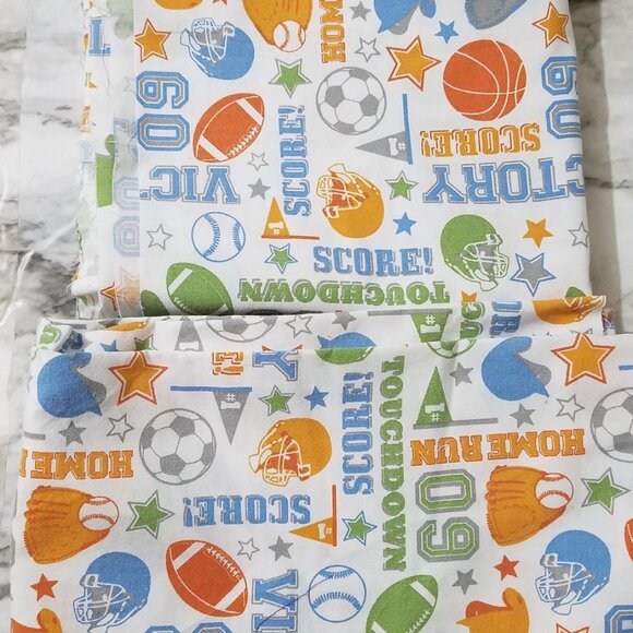 Fabric Remnants Cotton Sports White Background Green Blue Orange 4 3/8  Yards - Picture 3 of 6